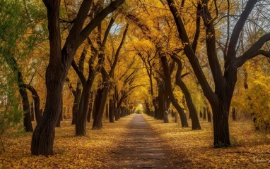 Fototapeta premium Autumn alley .tree alley in the park in autumn time. AI, Generative AI