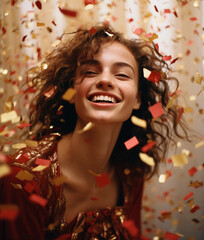 Portrait of smiling beautiful young woman at the party surrounded with confetti
