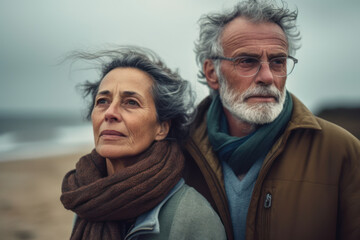 Portrait of senior couple looking away while standing on beach in autumn