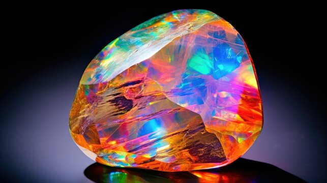 Vibrant opal gemstone reflecting natural light with mesmerizing colors and unique patterns. A stunning, translucent jewelry piece with a radiant sheen.