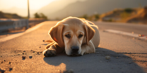 Adorable healthy active adult yellow labrador retriever dog sleeping on the road ai generated 