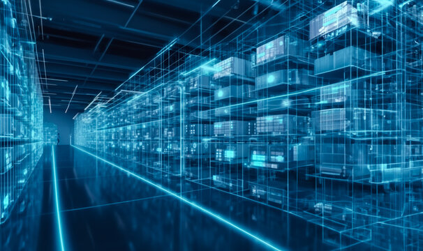 Background with a blue modern warehouse with holograms and piece intelligence