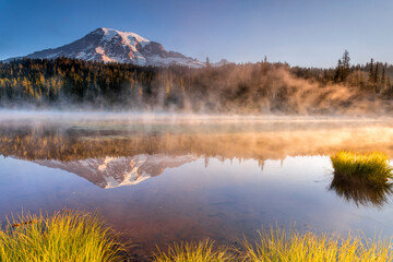 Morning mist over Reflection Lake in Washington state's Mount Rainier National Park