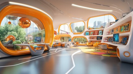 Futuristic kindergarten. Modern interior of a children room. Bright colors
