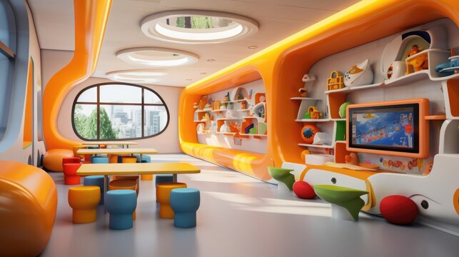 Futuristic kindergarten. Modern interior of a children room. Bright colors
