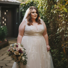 Fototapeta na wymiar Plus-sized bride in a vintage garden setting, radiant smile; ideal bridal photography for wedding businesses.