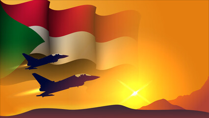 fighter jet plane with sudan waving flag background design with sunset view suitable for national sudan air forces day event
