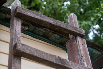 wooden staircase on the house in the garden close-up