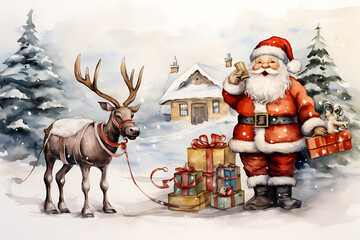 Watercolor painting of Santa Claus with Christmas gift box