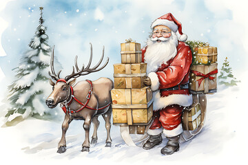 Watercolor painting of Santa Claus with Christmas gift box