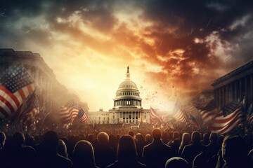  Illustration of Crowd Rioting with Flags in Front of United States Congress Building, Politics, Election, Generative AI