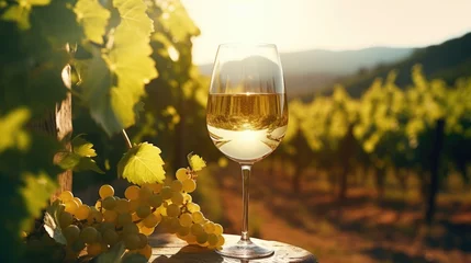  A glass of white wine against the backdrop of vineyards in the sun. © brillianata