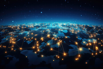 Worldwide network connection, digital telecommunication, big data, digital transformation, cloud computing, IoT, cryptocurrency, blockchain. Metaverse digital world planet cyber Earth.