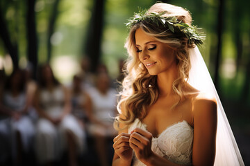 Naklejka premium Candid Capture of a Young Bride's Authentic Emotion at Her Summer Wedding, Radiating Happiness, Gratitude, and Genuine Moments of Joy. created with Generative AI