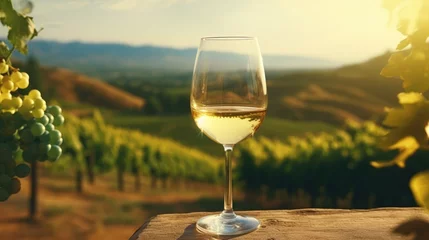 Foto op Canvas A glass of white wine against the backdrop of vineyards in the sun. © brillianata