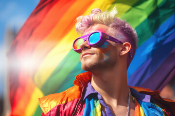 Gay Young Blonde Man Posing in Front of Gay Pride Rainbow Flag, Generative AI