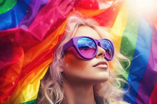 Blonde Woman with Glasses and LGBT Flag, Symbol of Pride and Support, Generative AI