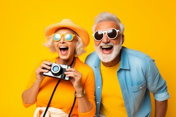 happy senior couple in sunglasses with camera, summer vacation