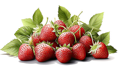 Strawberries with leaves on a white background.