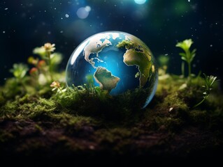 Planete earth on the ground in forest with plants growing next to it symbolizing the environment
