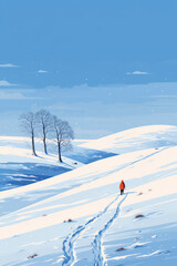 Fototapeta na wymiar color block illustration of a person from far away walking/wandering in the snow landscape winter christmas lost in film style for card print