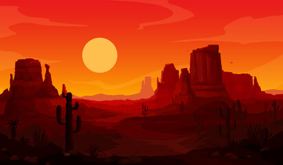 Evening sunset mexican desert landscape with cactus and flying eagle silhouettes. Vector scenic background with dramatic, vibrant red and orange colors of dusk time. Majestic arizona canyon mountains - obrazy, fototapety, plakaty