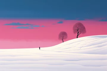 Badezimmer Foto Rückwand color block illustration of a person from far away walking/wandering in the snow landscape winter christmas lost in film style for card print © MaryAnn
