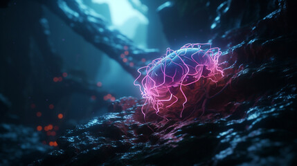 Fototapeta na wymiar sci-fi neon brain with cobweb between trees generative ai