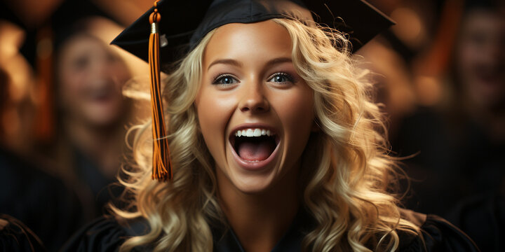 Frau freut sich &uuml;ber ihre bestandene Bachelor arbeit mit Studentenhut im Querformat f&uuml;r Banner, ai generativ