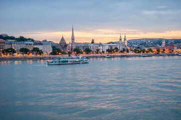 Danube river embankment of the city of Budapest. City evening photo.