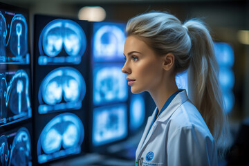 Proficient Female Neurologist Analyzing Brain Scans with Innovative Medical Technology Expertise in Diagnosing Neurological Conditions. created with Generative AI