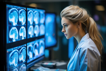 Proficient Female Neurologist Analyzing Brain Scans with Innovative Medical Technology Expertise in Diagnosing Neurological Conditions. created with Generative AI