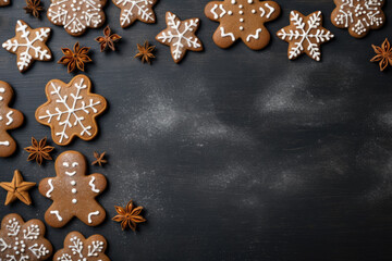 Gingerbread Christmas Cookies with Powdered Sugar on Black Surface, Copy Text Space, Graphic Resource, Generative AI