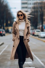 Obraz premium A young beautiful woman in a beige coat crosses the road on the city street.