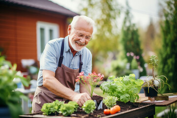 A senior citizen engaged in an active hobby like gardening, underlining the importance of lifelong health and vitality, Health