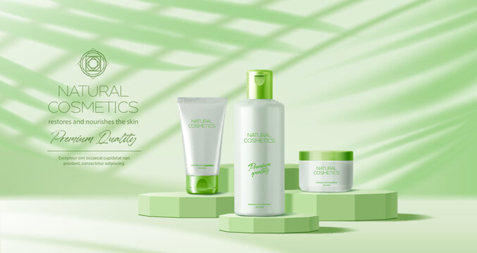 Light green podium with cosmetics bottle and tube. Natural cosmetics package promo pedestal mockup 3d realistic vector background with skincare cream, shampoo bottle, lotion jar and palm leaves shadow