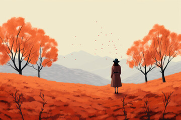 color block illustration of a woman standing far away with orange autumn landscape nature fall colours hand drawn digital art style calendar