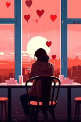 silhouette of young woman from the back sitting alone in a restaurant/cafe on valentines day with red heart balloons lonely alone sad in textured pencil hand drawn color block sketch illustration look