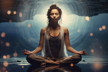 African American Woman Meditating in Yoga Lotus Pose by Reflective Water, Generative AI