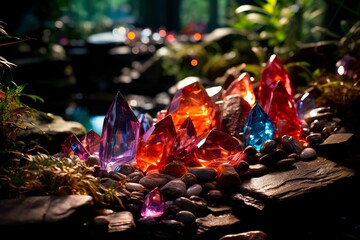 In an enchanted woodland, multi-colored crystals create a dreamlike, otherworldly atmosphere.