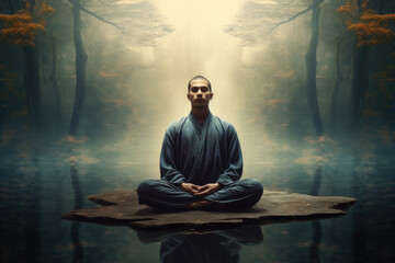 Buddhist Man Meditating in Lotus Position by Reflective Water, Generative AI - obrazy, fototapety, plakaty