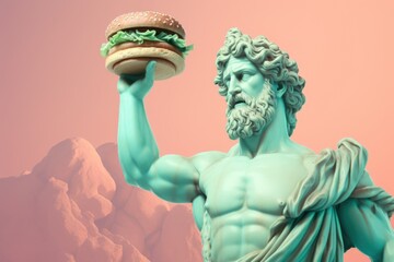 Fototapeta premium Greek green sculpture of Zeus with a large hamburger in his hand on a pink background.