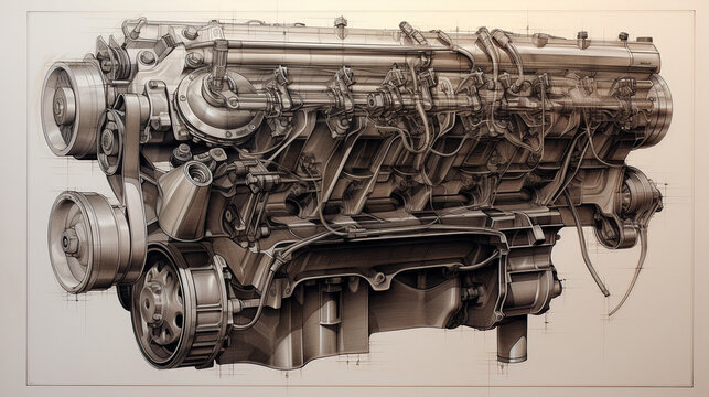 blueprint style technical drawing and illustration of a v8 engine gas powered 