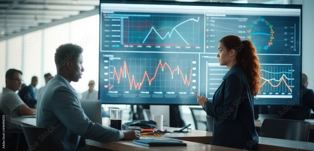 Aufkleber Diverse Team Of Data Scientists Having A Meeting And Discussing Reports In Modern Monitoring Office With Analytics Feed On a Big Digital Screen.