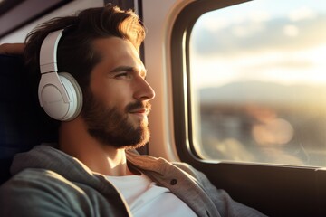 Bearded man listening to music on headphones, on bus, close-up