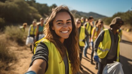Group of volunteers volunteering and cleaning up trash and plastics to recycle from park.