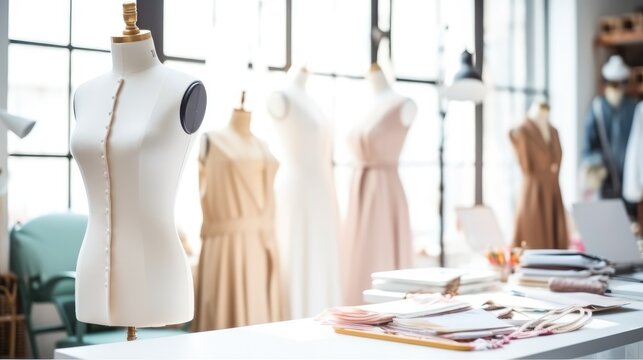 Studio with various sewing items, Fabrics and mannequins standing, Designer.