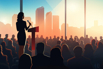 A confident businesswoman giving a dynamic presentation on a stage with a large audience in the background, Business