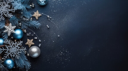 Blue Christmas balls and decorations on blue background with copy space.