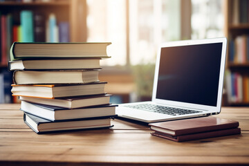 A stack of books and a laptop on a wooden desk, representing knowledge and remote work opportunities, Business